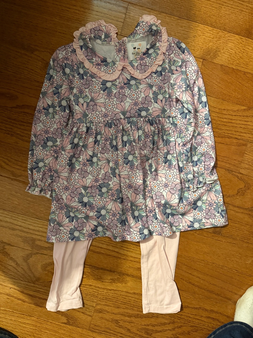 Floral Pink & Blue Girls' Skort Set with Ruffle Collar